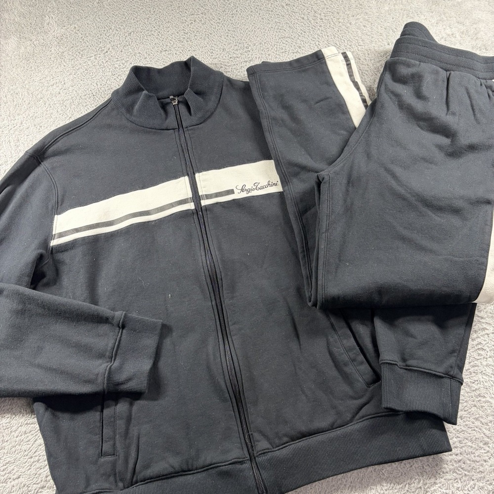 Sergio Tacchini Tracksuit Mens XL / L Black White Italian Jacket Pants Cotton